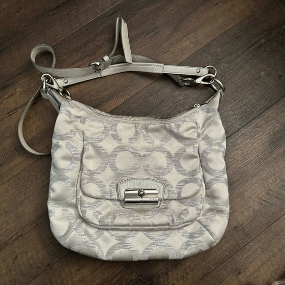 Coach Kristin  Sequin Op Art Hobo Shoulder Canvas Bag Silver Grey - Picture 7 of 9